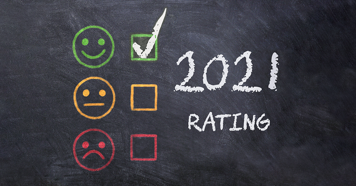 Chalkboard with a "happy" 2021 customer rating